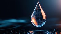 Glowing digital water droplet with wireframe structure suspended above rippling surface, concept for technology and conservation in dark blue environment.