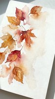 Watercolor autumn leaves painting on textured paper with warm orange, red and yellow tones for seasonal decoration and artistic projects.