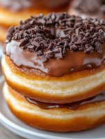 Fresh glazed donuts topped with chocolate ganache and dark chocolate shavings stacked on white plate, extreme close up macro food photography.