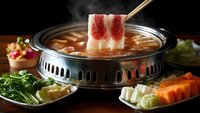 Marbled beef slice held by chopsticks over steaming hot pot with fresh vegetables arranged around the metal cooking vessel on wooden table.