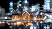 Real estate market analysis concept with house and financial charts, glowing bokeh lights creating magical atmosphere and water reflection.