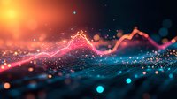 Abstract digital wave visualization with glowing pink and orange lines flowing over dark surface with blue bokeh lights and particles. Technology network concept.