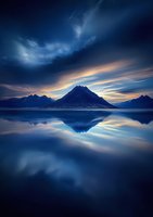 Majestic mountain peak reflected in calm lake waters at twilight, dramatic blue sky with orange sunset clouds creating mirror symmetry in nature landscape.