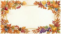 Autumn harvest frame with fall leaves, pumpkins, berries, and grapes arranged on cream background. Seasonal border design for invitations, cards, and autumn-themed projects.