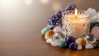 Burning candle surrounded by colorful healing crystals and gemstones creating peaceful spa atmosphere for meditation and wellness practices.