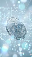 Silver bitcoin coin floating in digital space with glowing light rays and bokeh effects representing cryptocurrency investment and blockchain technology.