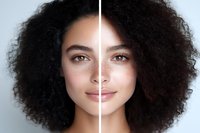 Young mixed race woman with natural curly afro hair shown in before and after comparison, demonstrating hair care transformation on light background.