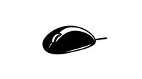 Black computer mouse silhouette with cord isolated on white background, simple minimalist design for icons, logos and graphic elements.