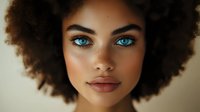 Young African American woman with natural curly afro hair and striking blue eyes looking directly at camera against neutral background. Beauty portrait showcasing natural makeup.