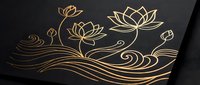 Golden lotus flowers with flowing water waves in elegant line art style on dark background for luxury spa wellness meditation design projects.