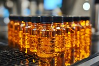 Amber glass pharmaceutical vials filled with liquid medication arranged on laboratory conveyor belt in modern production facility for drug manufacturing.