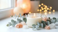 Spa wellness scene with lit candle, eucalyptus leaves and healing crystals creating peaceful aromatherapy atmosphere for relaxation and self-care rituals.