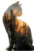 Cat silhouette with double exposure of forest sunset, creating artistic nature blend for wildlife conservation awareness.