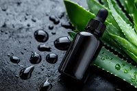 Black glass dropper bottle with aloe vera leaf on wet dark stone background, water drops scattered around for natural cosmetic product presentation.