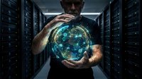 IT professional holding glowing digital globe with network connections in modern server room data center for technology and cybersecurity concepts.