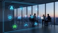 Modern office with holographic technology interface displaying digital icons and connectivity symbols for business innovation and smart workplace solutions.