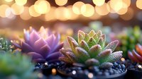 Succulent plants with water drops in morning light against blurred golden bokeh background, close up macro photography showing delicate details and dewdrops.