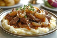 Tender beef stew with caramelized onions served over creamy mashed potatoes, garnished with fresh herbs for a hearty comfort meal.