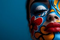 Close up portrait of woman with bright floral face paint design featuring red flower and swirls on blue background, showing dramatic eye makeup and red lips.