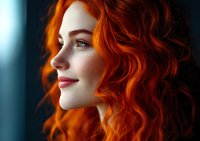 Young Caucasian woman with vibrant curly red hair in profile view against blue background, showing natural makeup and serene expression, soft lighting highlights facial features.