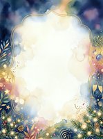Watercolor frame with ornate gold border and botanical flourishes, featuring soft pastel blooms and foliage on dark blue background. Central white space ideal for text, invitations, greeting cards, and design projects.