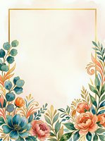 Watercolor floral frame with gold border, featuring coral peonies, blue flowers, and eucalyptus leaves on cream background. Isolated design ready for invitations, cards, and stationery projects.