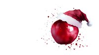 Red apple wearing Santa Claus hat with watercolor splashes on white background, artistic holiday food illustration for seasonal greeting cards and winter designs.