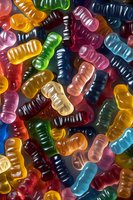 Colorful gummy worm candies in assorted flavors scattered together creating sweet confectionery pattern for food photography and dessert marketing materials.