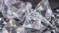 Abstract flowing smoke ribbons with prismatic rainbow light effects and crystal reflections creating ethereal translucent waves against dark background.