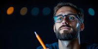 Confident bearded Caucasian male professional wearing blue glasses holds pencil thoughtfully against dark background with bokeh lights, dramatic lighting highlights face.