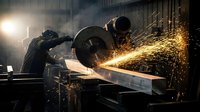 Industrial worker using angle grinder cutting metal with bright sparks flying in dark factory workshop environment for manufacturing projects.