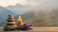 Zen spa composition with stacked stones, burning candle and lavender flowers on wooden surface against misty mountain landscape at sunset for relaxation.