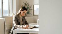 Young professional woman writing in notebook at modern office desk by window, focused on planning and productivity in bright workspace.