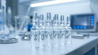 Medical glass vials arranged in laboratory setting with modern equipment and sterile environment for pharmaceutical research and drug development.