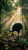 Southern cassowary bird foraging in tropical rainforest with dramatic sunbeams filtering through dense canopy creating magical atmosphere and natural lighting.