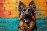Happy German Shepherd dog portrait against vibrant orange and turquoise graffiti wall background, showing bright expression with tongue out and alert ears.