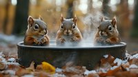 Three curious red squirrels peek over edge of steaming hot tub surrounded by autumn leaves in forest setting, creating whimsical wildlife scene in natural environment.