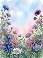 Watercolor wildflowers in purple, blue, and pink bloom against a soft pastel sky, creating a dreamy floral border with copy space.