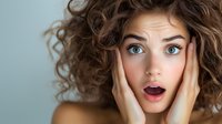 Young surprised woman with curly brown hair touching face with hands showing shock expression on gray background for emotional reactions content.