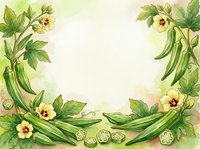 Botanical frame with fresh green beans, yellow flowers, and sliced vegetables on cream background, suitable for recipe cards, cooking blogs, and food packaging designs.