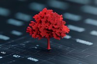 Red cubic tree growing from circuit board background, symbolizing digital transformation and technological growth in modern business environment.