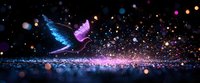 Magical glowing butterfly with blue and pink wings spreading sparkles and light particles against dark background, creating ethereal bokeh effect and reflection.