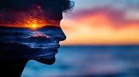 Double exposure silhouette of woman's profile merged with dramatic ocean sunset, waves crashing against shore as sun dips below horizon in vibrant orange sky.