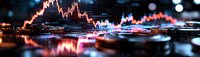 Financial market data visualization with glowing trading charts and cryptocurrency coins on dark reflective surface.