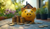 Yellow ceramic piggy bank with house-shaped lid next to stacked gold coins on wooden surface against blurred garden background, symbolizing home savings and investment.