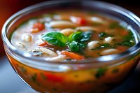 Homemade minestrone soup with white beans, fresh vegetables and herbs in clear glass bowl, close up view showing rich broth and vibrant ingredients.