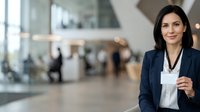 Professional woman with dark hair and olive complexion wearing navy blazer and white blouse in modern office lobby with blurred colleagues and glass architecture in background.
