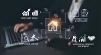 Professional businessman using laptop with digital real estate investment interface showing mortgage rates, property tax, contracts and compliance icons.