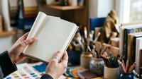 Person with medium skin tone holding open blank book in creative workspace studio with art supplies and brushes, suitable for education, publishing, creativity and design concepts.