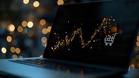 Online shopping growth chart with shopping cart icon displayed on laptop screen against blurred bokeh lights background, representing e-commerce analytics.